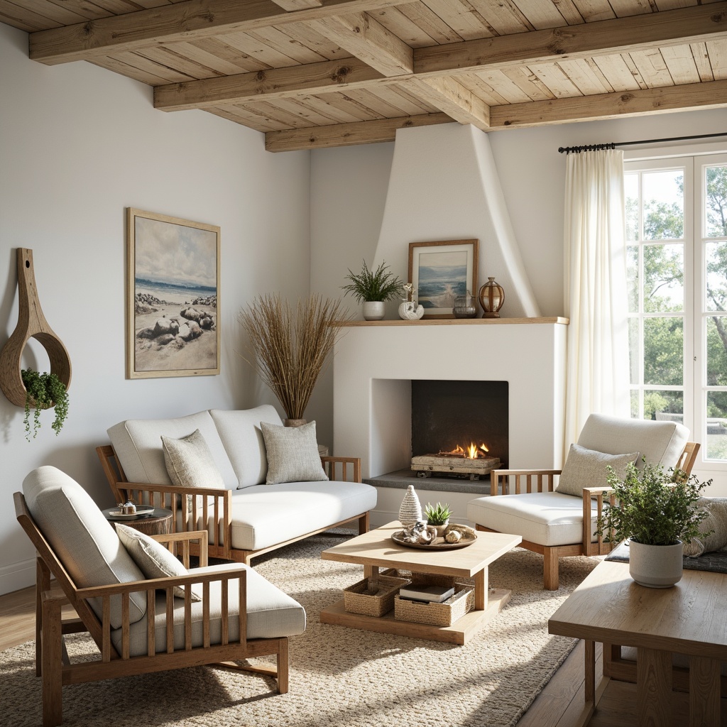 Prompt: Calming coastal cottage, soft creamy whites, weathered wood tones, sea salt blues, misty greens, sandy neutrals, ocean-inspired accents, natural textures, woven fibers, driftwood furniture, shell decorative elements, linen upholstery, billowy curtains, distressed finishes, beachy vibe, warm golden lighting, shallow depth of field, 1/1 composition, realistic rendering, ambient occlusion.