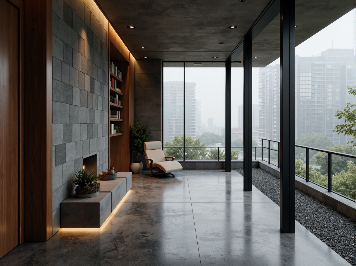 Prompt: Streamlined modern residence, textured walls, sleek metallic accents, minimalist decor, curved lines, geometric patterns, polished concrete floors, industrial chic lighting, urban cityscape, misty morning atmosphere, softbox lighting, shallow depth of field, 2/3 composition, cinematic view, realistic materials, ambient occlusion.