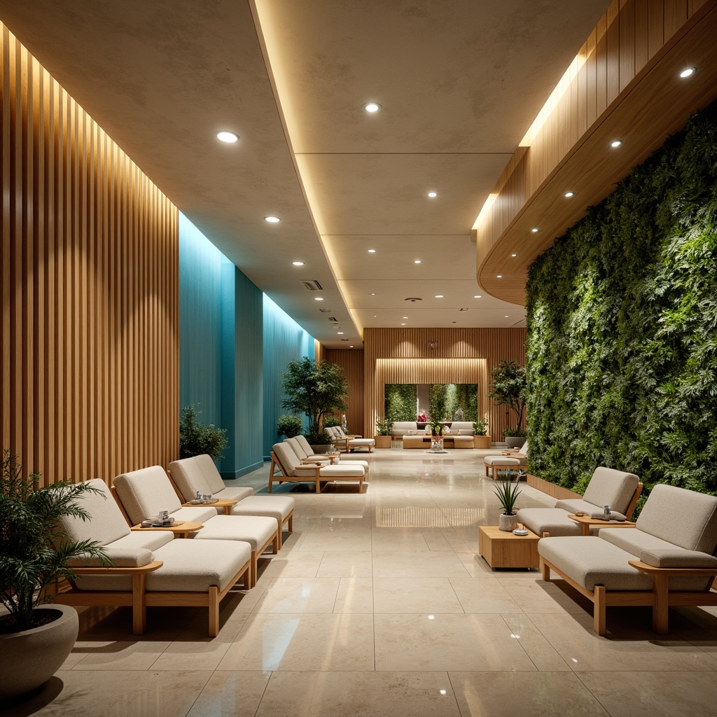 Prompt: Soothing medical facility, natural materials, earthy tones, warm beige walls, calming blue accents, soft diffused lighting, gentle LED strips, warm floor lamps, peaceful water features, lush greenery, living walls, calming nature sounds, serene ambiance, comfortable seating areas, acoustic panels, sound-absorbing textiles, minimalist decor, organic shapes, circular patterns, 1/1 composition, shallow depth of field, warm color temperature, realistic textures, ambient occlusion.