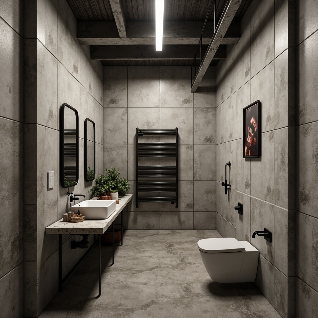 Prompt: Exposed concrete walls, industrial-style lighting fixtures, raw metal pipes, brutalist architectural elements, minimal ornamentation, cold color palette, concrete floors, geometric-shaped sink, wall-mounted toilet, industrial-style faucet, raw concrete countertops, metallic accents, bold graphic patterns, urban-inspired textures, high-contrast lighting, dramatic shadows, 1/1 composition, symmetrical framing, muted color grading, realistic material rendering.