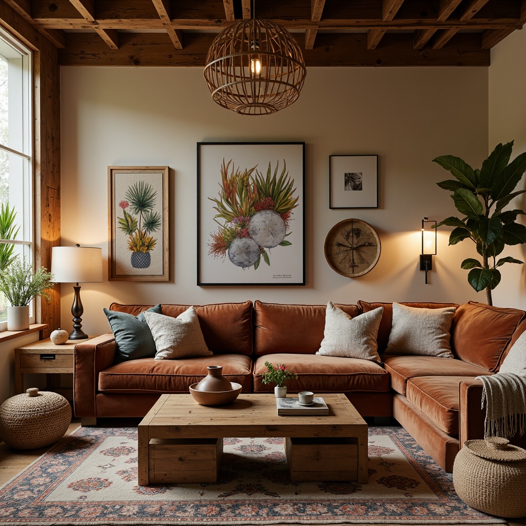 Prompt: Cozy living room, rustic wood accents, plush velvet sofas, reclaimed wood coffee tables, vintage metal lamps, soft warm lighting, earthy color palette, natural textiles, woven baskets, distressed finishes, bohemian-inspired patterns, Moroccan tiles, abstract artwork, eclectic decor, comfortable sectionals, oversized throw pillows.