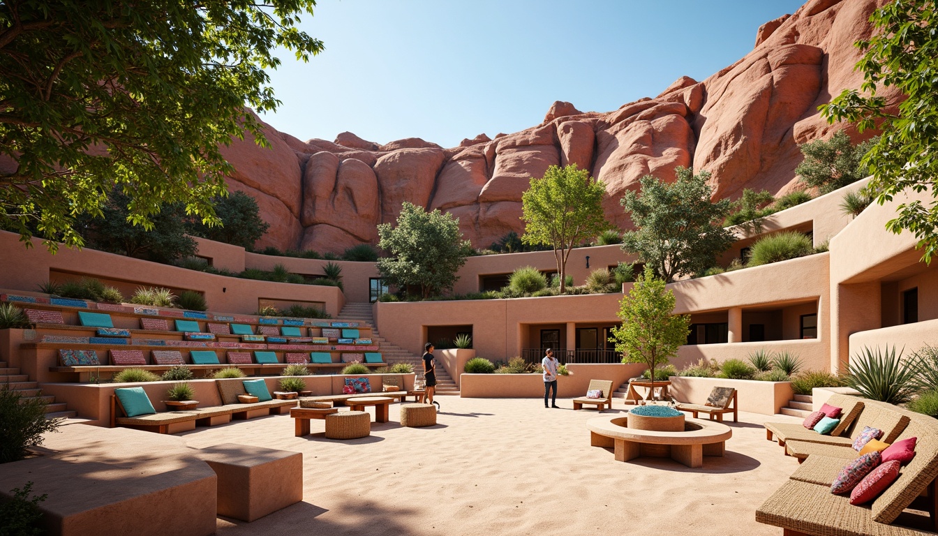 Prompt: Southwestern amphitheater, tiered seating arrangement, vibrant turquoise accents, earthy red rock formations, lush greenery surroundings, rustic wooden benches, woven wicker chairs, colorful patterned textiles, geometric-shaped planters, warm sandy tones, clear blue skies, soft natural lighting, shallow depth of field, 3/4 composition, panoramic view, realistic textures, ambient occlusion.