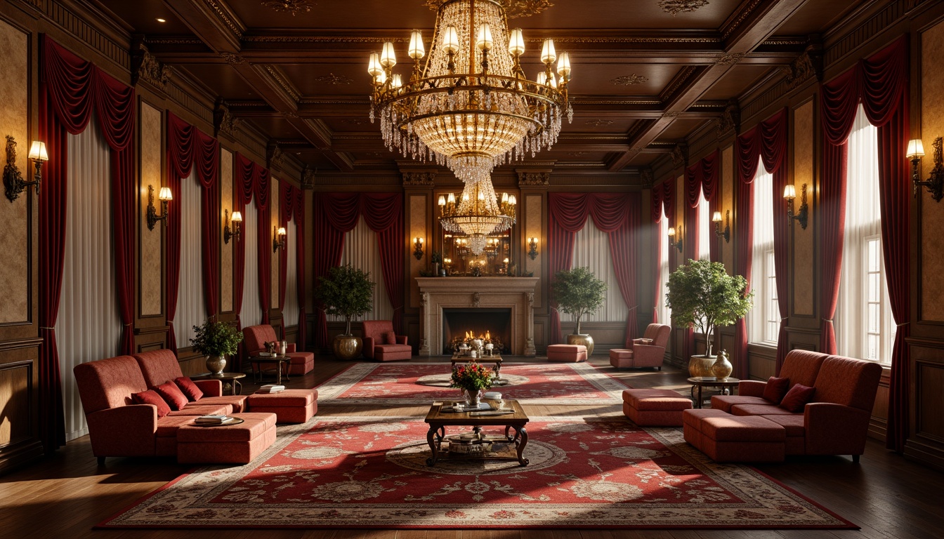 Prompt: Ornate chandeliers, crystal droplets, grand ballrooms, luxurious furnishings, rich velvet drapes, intricately patterned rugs, golden accents, bronze fixtures, ornamental metalwork, warm soft glow, candlelight ambiance, dramatic shadows, opulent decorations, lavish materials, stately manor, high ceilings, spacious rooms, classic architecture, vintage aesthetic.