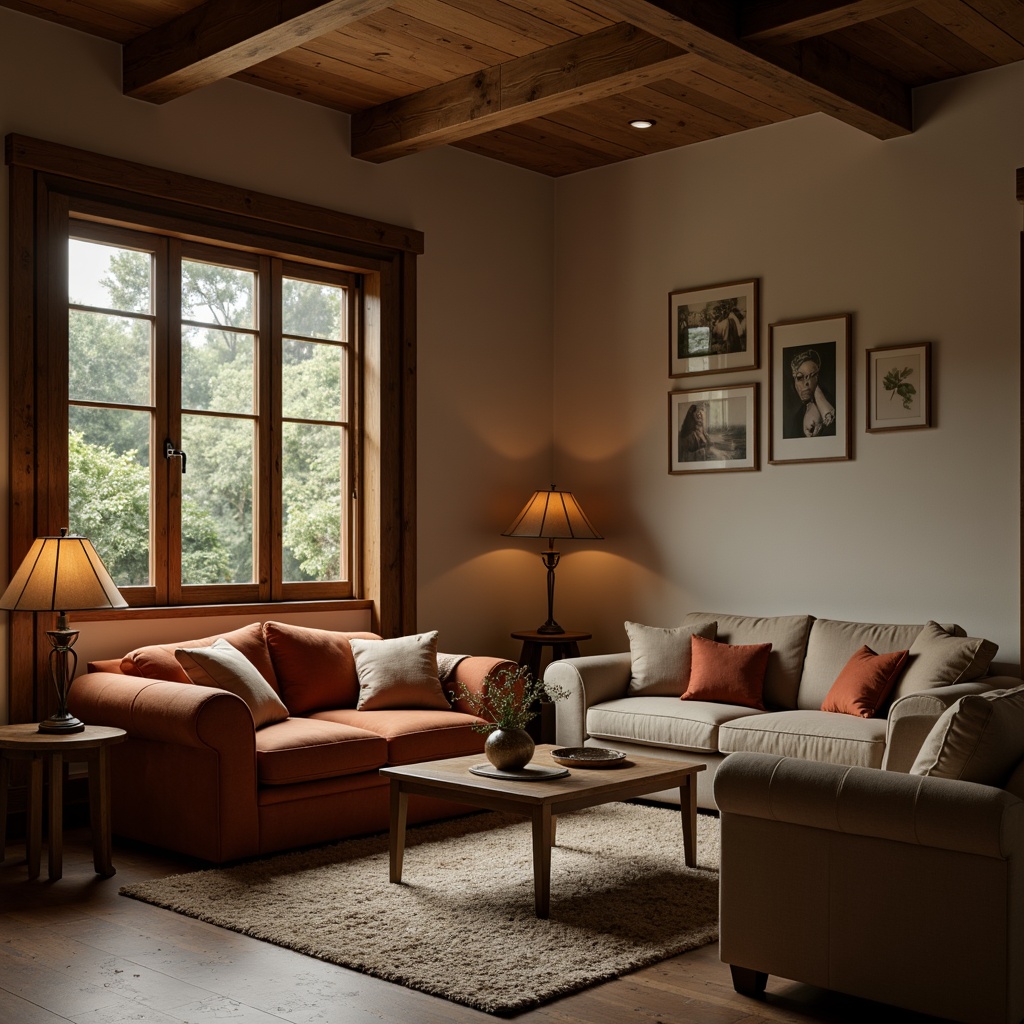 Prompt: Cozy living room, plush sofas, velvet armchairs, rustic wooden coffee tables, vintage metal lamps, soft cushions, natural fabric upholstery, earthy color palette, warm ambient lighting, 3/4 composition, shallow depth of field, realistic textures, ambient occlusion.