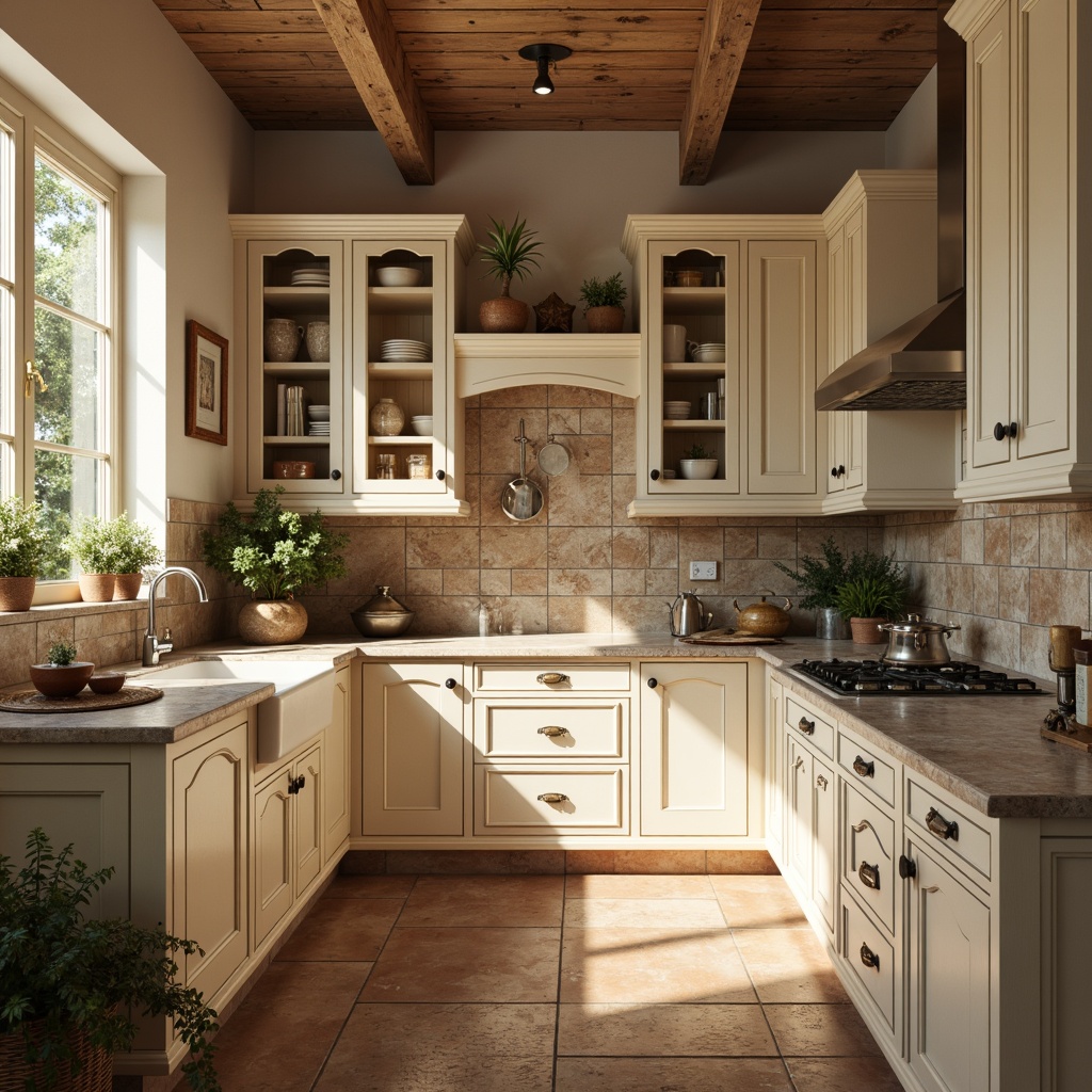 Prompt: Rustic wooden cabinets, ornate metal hardware, soft creamy whites, warm beige tones, distressed finishes, vintage decorative carvings, elegant curved lines, classic country charm, French provincial inspiration, natural stone countertops, earthy terracotta floors, woven baskets, potted greenery, soft golden lighting, 1/1 composition, realistic textures, ambient occlusion.