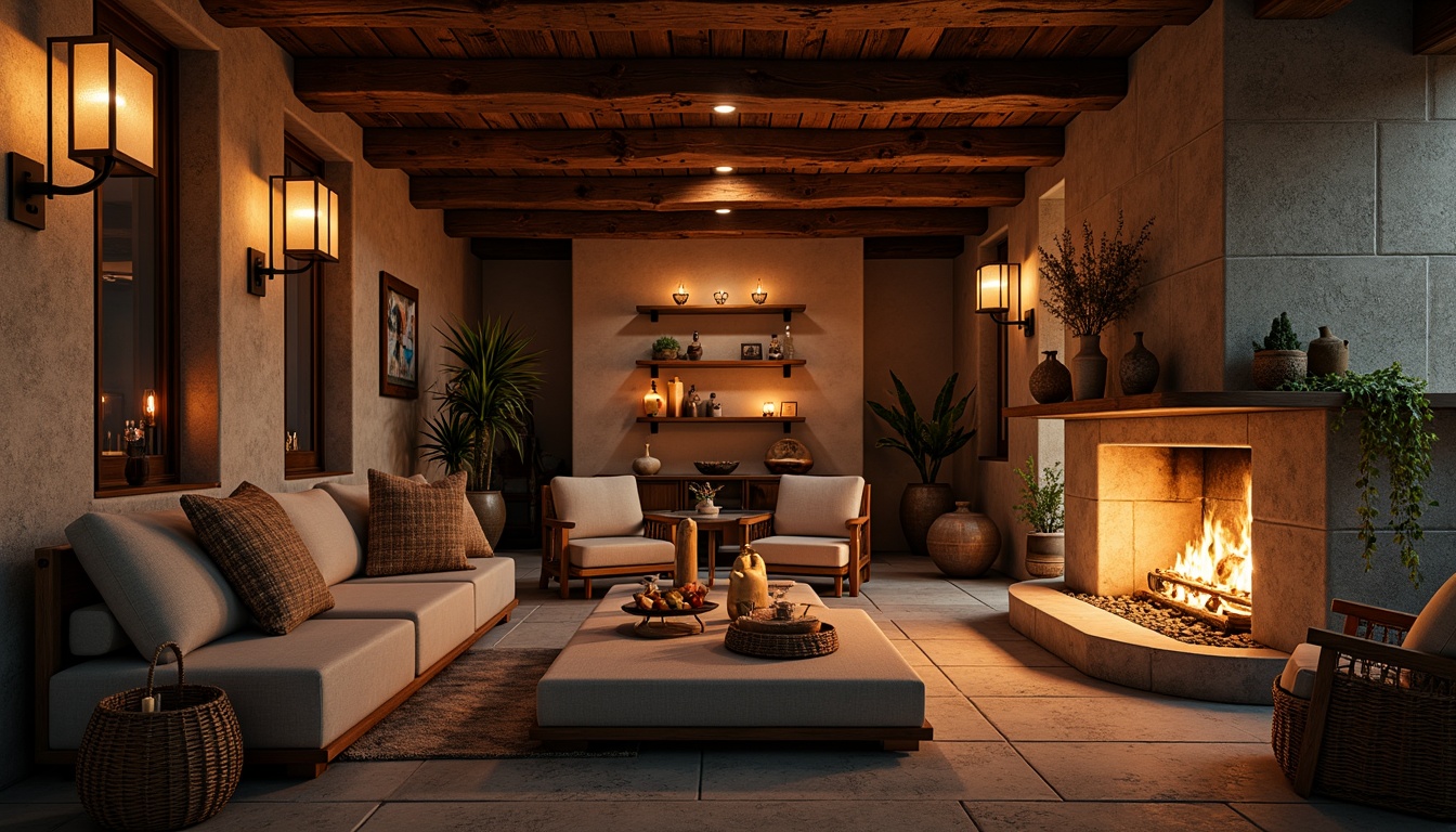 Prompt: Rustic vernacular style, earthy tones, natural materials, wooden accents, stone walls, traditional architecture, warm cozy lighting, soft lanterns, pendant lamps, candles, fireplaces, warm color temperatures, golden hour, low-key lighting, subtle shadows, 1/1 composition, intimate atmosphere, realistic textures, ambient occlusion.