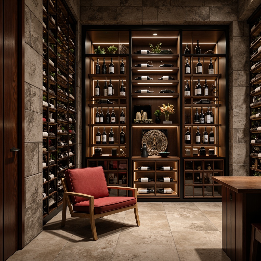 Prompt: Luxurious wine cellar, modern shelving units, sleek metal frames, rich wood tones, ambient dim lighting, sophisticated climate control systems, humidity regulation, premium glass doors, ornate wooden cabinetry, decorative metalwork, elegant label displays, subtle LED illumination, spacious storage capacity, rustic stone walls, lavish furnishings, refined atmosphere, 1/1 composition, realistic textures, shallow depth of field.