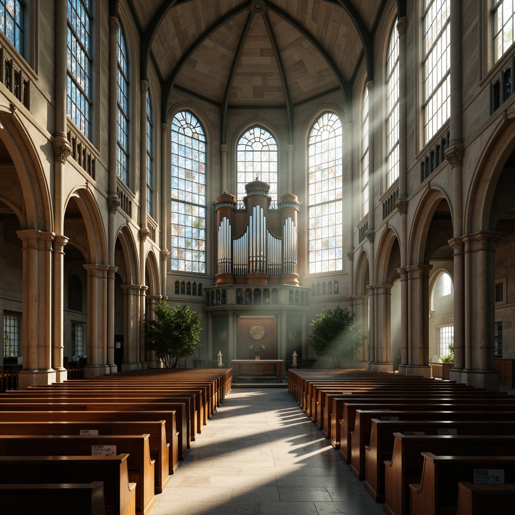 Prompt: Ethereal church interior, stained glass windows, translucent stone walls, soft diffused lighting, vaulted ceilings, grand organ pipes, polished wooden pews, ornate metalwork details, intricate carvings, sacred symbols, misty atmospheric effects, dramatic high contrast ratio, shallow depth of field, 1/2 composition, warm color palette, subtle gradient maps, ambient occlusion.