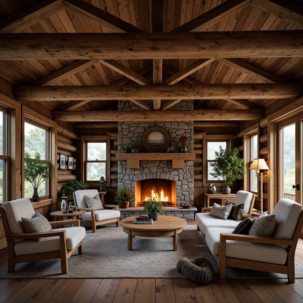 Prompt: Rustic cabin, wooden beams, natural textures, earthy tones, cozy ambiance, warm lighting, stone fireplace, plush furnishings, vintage decor, wooden accents, distressed finishes, organic shapes, nature-inspired patterns, serene atmosphere, soft focus, shallow depth of field, 1/2 composition, warm color palette.