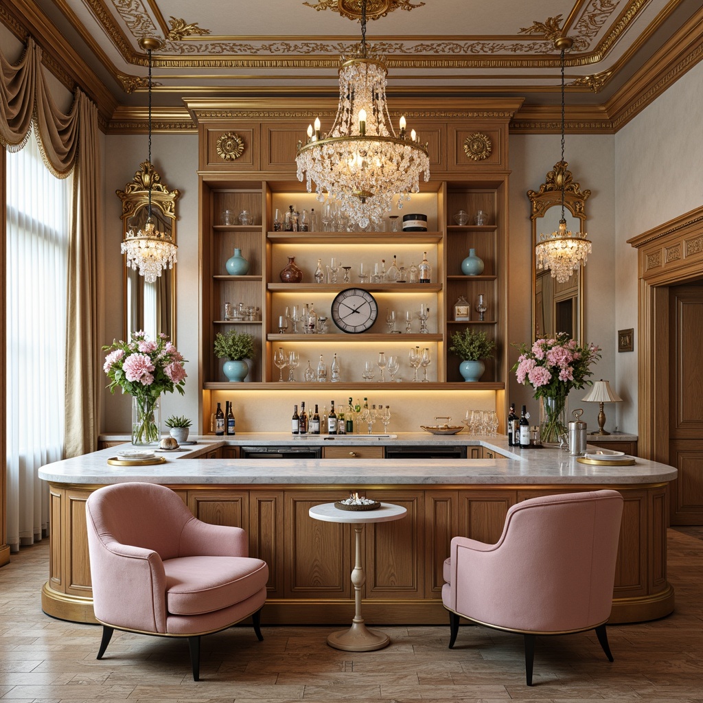 Prompt: Luxurious home bar, ornate gold accents, soft velvet upholstery, rich wood tones, crystal chandeliers, intricate carvings, pastel color palette, pale pink hues, baby blue accents, creamy whites, warm beige backgrounds, ornate mirrors, gilded frames, lavish drapery, subtle sheen, softbox lighting, 1/1 composition, intimate atmosphere, realistic textures.