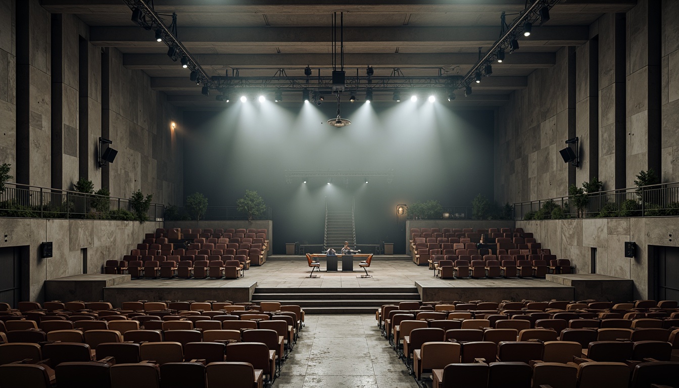 Prompt: Rugged concrete auditorium, brutalist architecture, industrial-style seating, row upon row of chairs, cold metallic frames, worn leather upholstery, sparse decorative elements, exposed ductwork, raw concrete walls, dramatic high ceilings, dimmable stage lighting, focal spotlights, audience-oriented layout, stepped seating arrangement, central performance area, raised platforms, minimalist decor, functional simplicity, bold structural elements, urban aesthetic, atmospheric misting system, cinematic wide-angle shot, 2/3 composition.