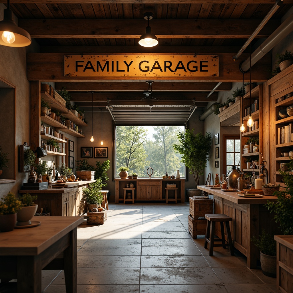 Prompt: Rustic family garage, vintage metal signage, distressed wood accents, earthy color palette, warm soft lighting, pendant lamps, metal shades, Edison bulbs, natural stone flooring, wooden crates, rusty metal tools, lantern-style fixtures, ambient warm glow, cozy atmosphere, afternoon sunbeams, shallow depth of field, 1/2 composition, realistic textures, subtle shadows.