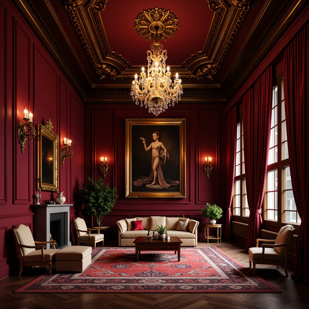 Prompt: Rich maroon walls, luxurious velvet drapes, ornate golden frames, lavish crystal chandeliers, opulent furnishings, intricate patterns, warm soft lighting, dramatic shadows, 1/1 composition, shallow depth of field, realistic textures, ambient occlusion.