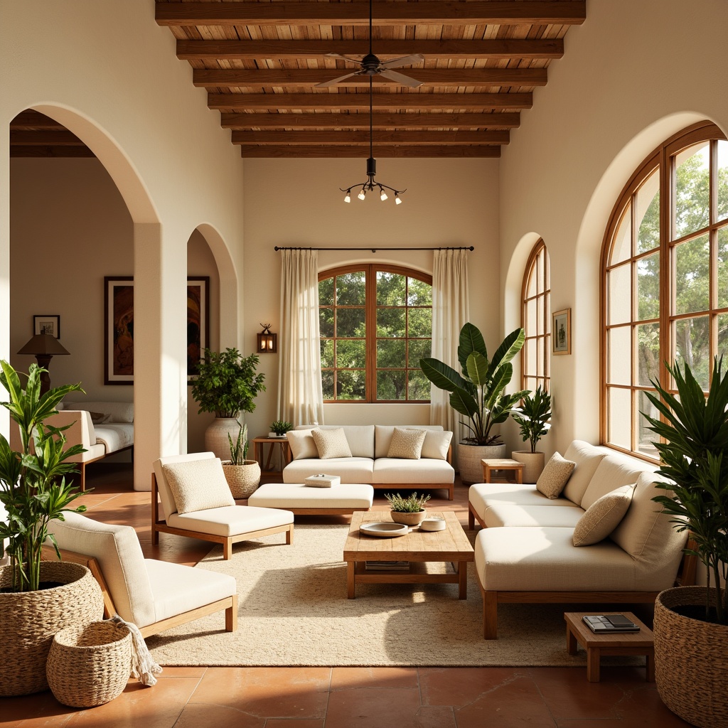 Prompt: Warm beige walls, soft cream-colored furniture, ornate wooden accents, elegant archways, large windows, sliding glass doors, sun-drenched rooms, warm golden lighting, rustic terracotta floors, woven wicker baskets, lush greenery, potted plants, natural textiles, earthy color palette, airy open spaces, minimal ornamentation, simplistic elegance, 1/1 composition, soft focus, realistic renderings.