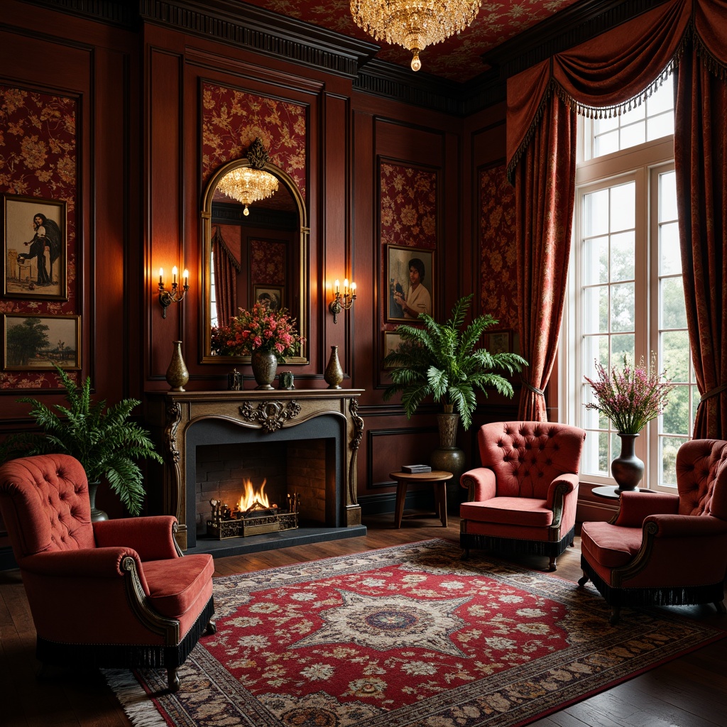 Prompt: Opulent Victorian-style parlour, rich velvet fabrics, intricate floral patterns, luxurious silk drapes, ornate wooden furnishings, carved mahogany panels, tufted leather armchairs, plush area rugs, crystal chandeliers, soft warm candlelight, 3/4 composition, shallow depth of field, realistic textures, ambient occlusion.