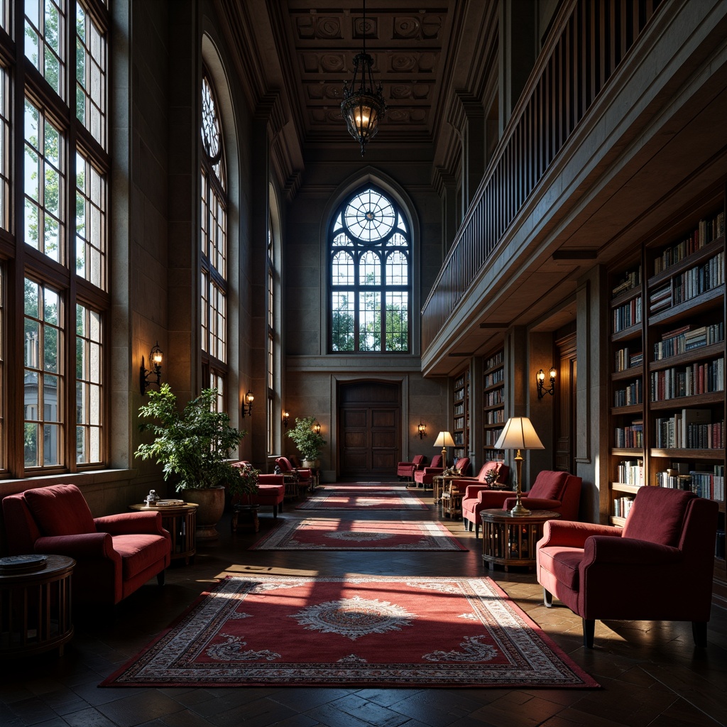 Prompt: Dark academia atmosphere, mysterious Gothic architecture, grandiose stone walls, stained glass windows, ornate wooden furniture, luxurious velvet upholstery, richly patterned rugs, mystical lanterns, ancient tomes, mysterious artifacts, dim warm lighting, dramatic shadows, 3/4 composition, symmetrical arrangement, intricate carvings, heavy drapery, lavish furnishings.