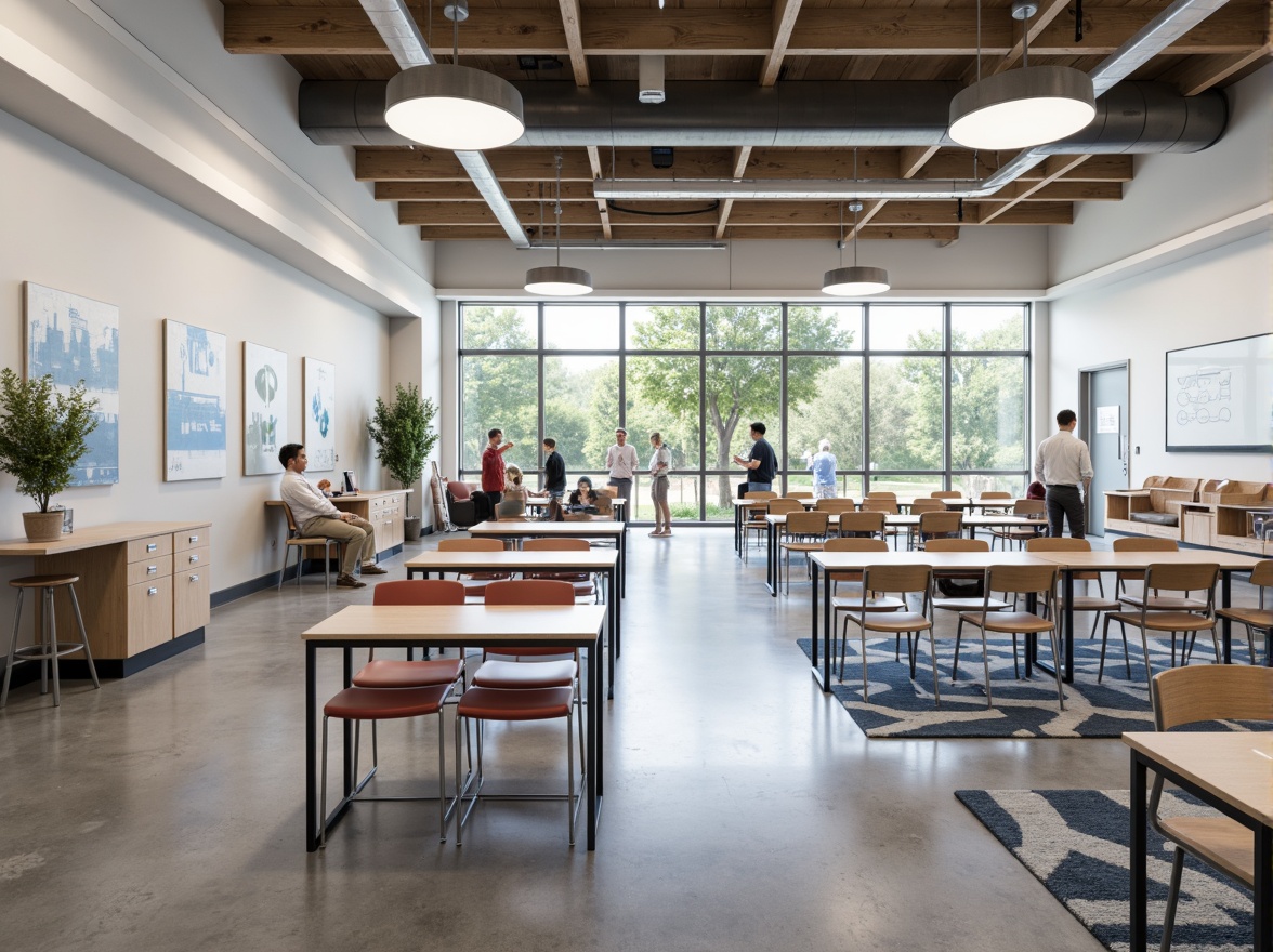 Prompt: Modern high school interior, minimalist furniture choices, sleek metal frames, ergonomic chairs, wooden desks, subtle color schemes, natural light, open spaces, collaborative learning areas, interactive whiteboards, geometric patterned rugs, industrial-style lighting fixtures, polished concrete floors, functional storage solutions, acoustic panels, calming ambiance, shallow depth of field, 1/1 composition, realistic textures, ambient occlusion.