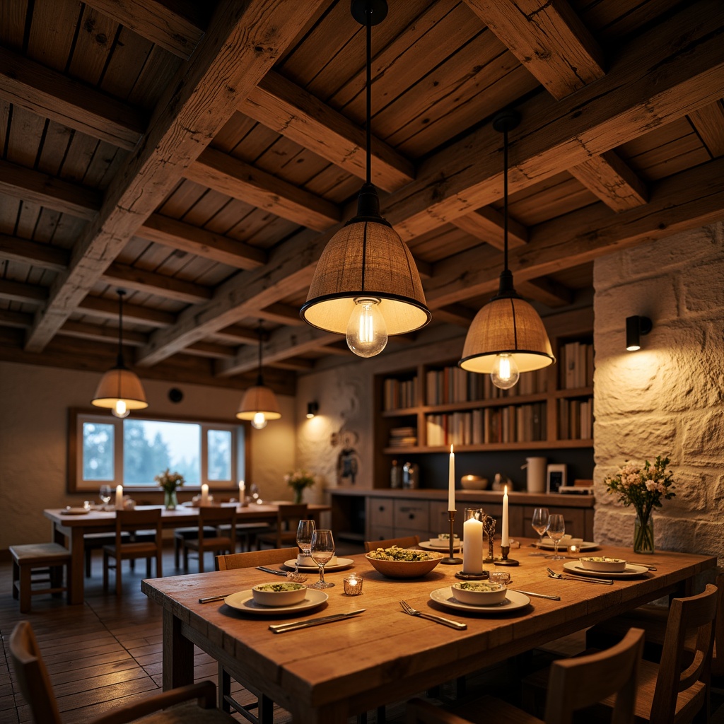 Prompt: Rustic wooden beams, earthy stone walls, cozy cabin ambiance, warm candlelight, pendant lanterns, distressed metal fixtures, vintage Edison bulbs, natural linen shades, reclaimed wood accents, industrial-chic exposed ductwork, soft ambient glow, warm golden lighting, layered textures, shallow depth of field, 1/1 composition, realistic renderings.