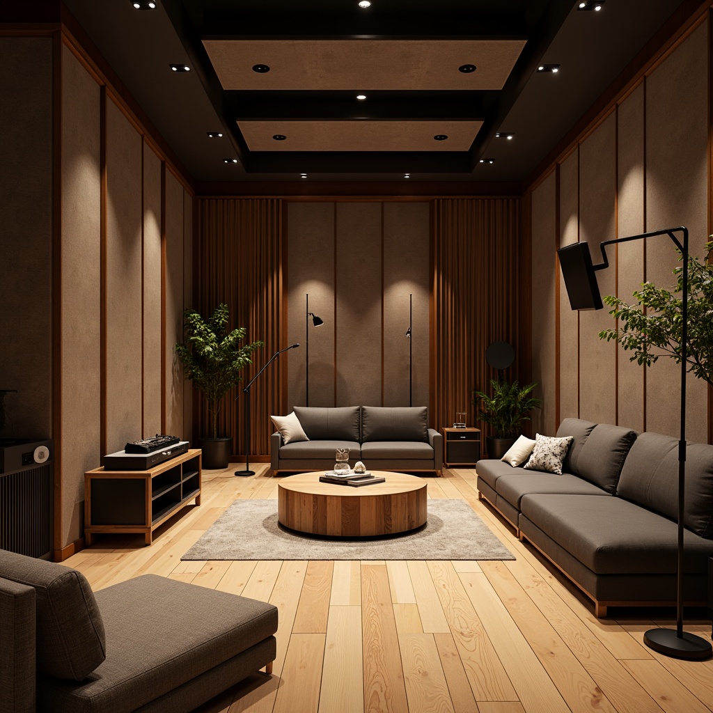 Prompt: Modern recording studio, soundproofed walls, acoustic panels, wooden floors, minimal decor, professional audio equipment, microphone stands, soundboards, comfortable seating areas, dimmable warm lighting, 3/4 composition, shallow depth of field, realistic textures, ambient occlusion.