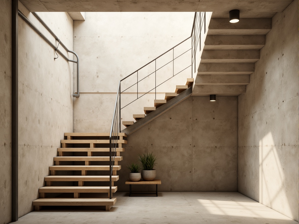 Prompt: Airy staircase, minimalist aesthetic, sleek metal handrails, simple wooden treads, open risers, floating steps, industrial pipes, concrete walls, soft natural light, warm beige tones, subtle textures, shallow depth of field, 1/1 composition, realistic rendering, ambient occlusion, peaceful atmosphere, modern simplicity.