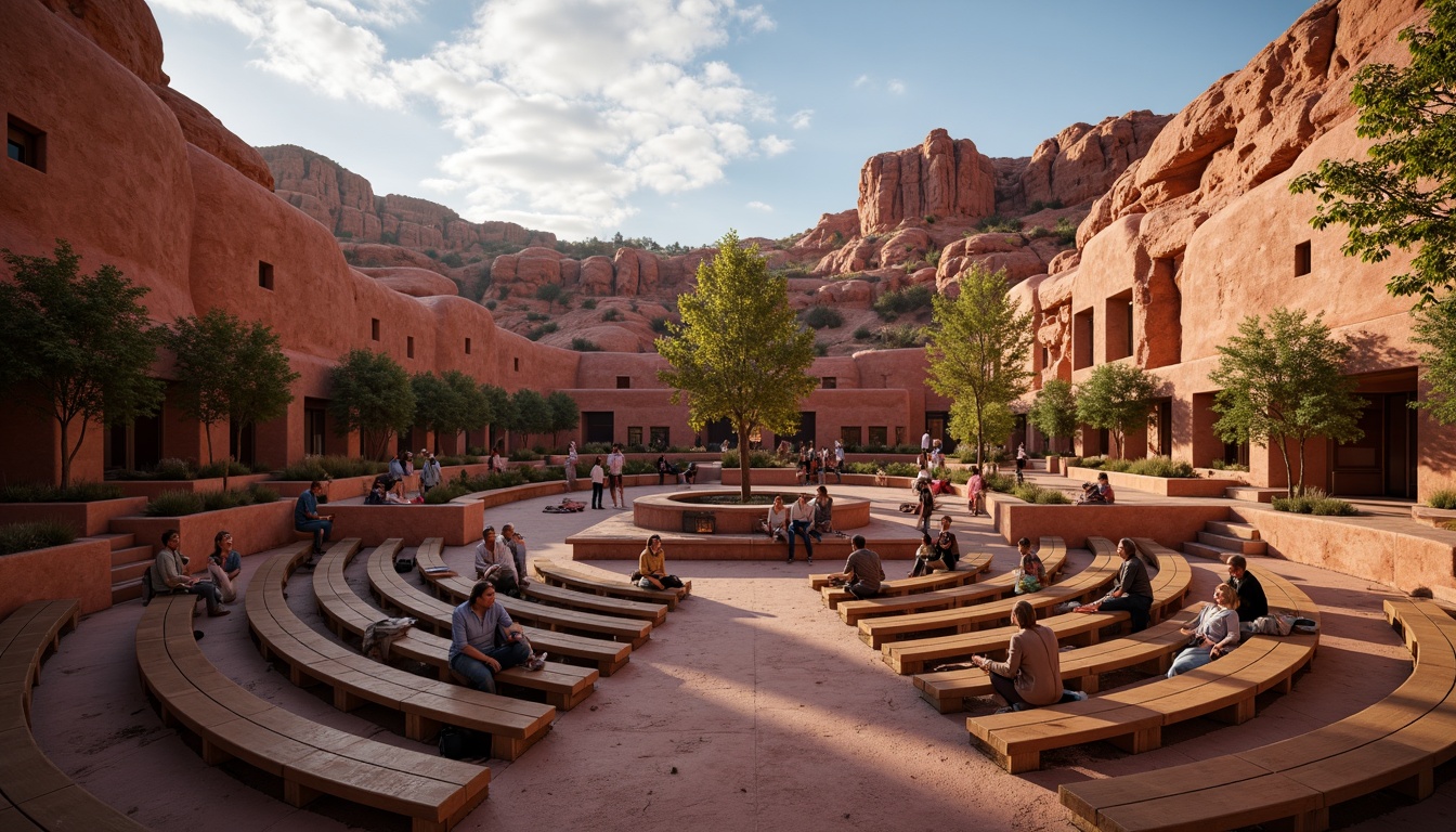 Prompt: Southwestern style amphitheater, natural red rock formations, earthy tones, wooden benches, rugged stone walls, tiered seating, open sky above, warm desert breeze, evening performances, golden hour lighting, soft gradient shadows, shallow depth of field, 3/4 composition, realistic textures, ambient occlusion, sound reflection, echo reduction, resonance control, acoustic paneling, optimized speaker placement, clear audio transmission.