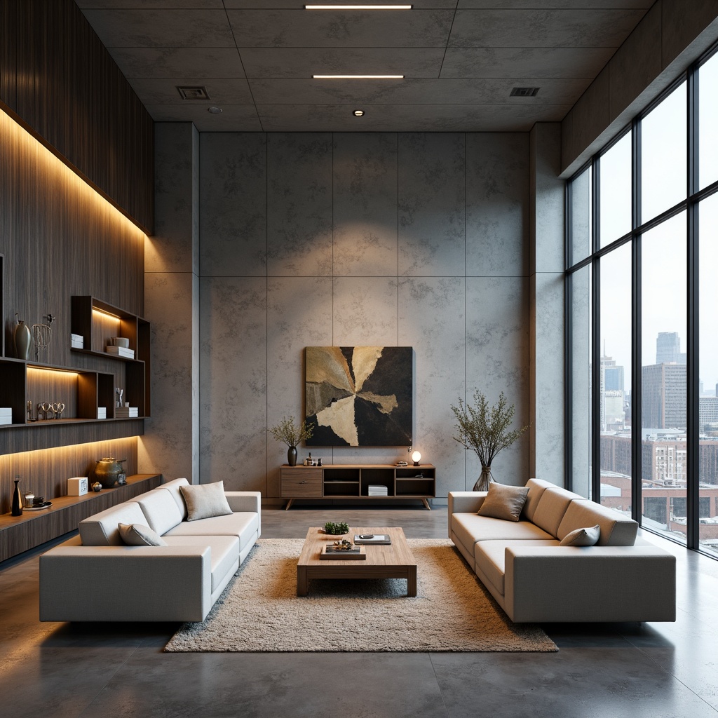 Prompt: Sleek modern interior, open-plan living space, minimalist decor, polished concrete floors, floor-to-ceiling windows, industrial-style lighting fixtures, geometric-shaped furniture, low-profile sofas, wall-mounted shelves, concealed storage, monochromatic color scheme, matte finishes, ambient soft lighting, shallow depth of field, 1/1 composition, symmetrical arrangement, abstract artwork, metallic accents, urban loft atmosphere, natural textiles, Scandinavian-inspired design.