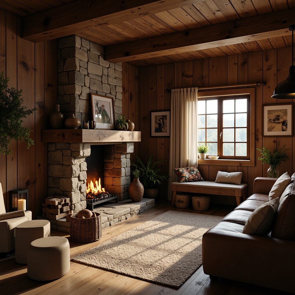 Prompt: Rustic cabin, wooden accents, distressed finishes, earthy tones, stone fireplace, vintage furniture, natural textiles, woven baskets, antique decorations, warm candlelight, cozy atmosphere, shallow depth of field, 1/2 composition, soft focus, realistic textures, ambient occlusion.