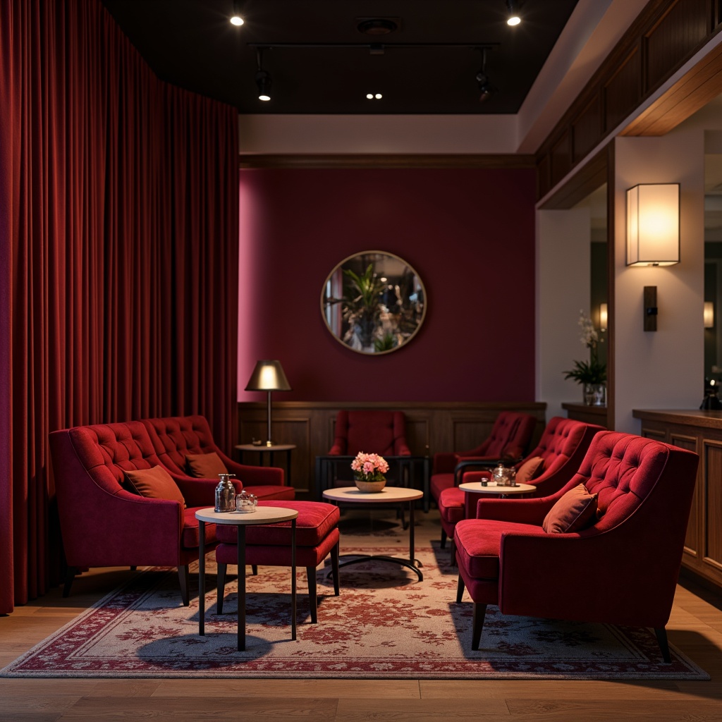 Prompt: Dramatic maroon accents, bold color scheme, luxurious velvet textures, sophisticated interior design, modern furniture pieces, sleek metal legs, tufted upholstery, rich wood tones, elegant lighting fixtures, ambient warm glow, shallow depth of field, 1/1 composition, cinematic view, realistic materials, subtle atmospheric effects.