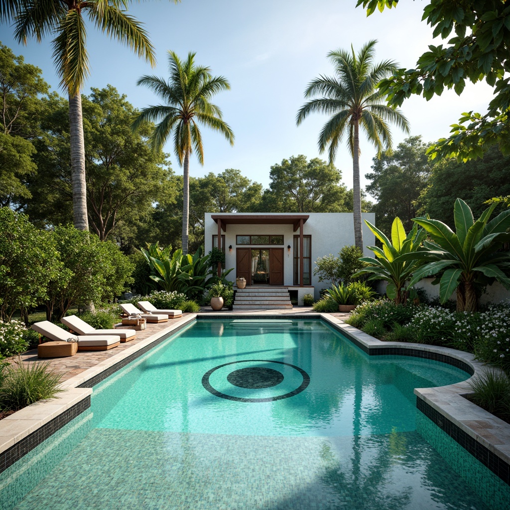 Prompt: Mid-century modern swimming pool, turquoise water, sleek tile design, geometric patterns, hexagonal tiles, bold color accents, natural stone coping, lush greenery surroundings, tropical plants, palm trees, sunny day, warm ambient lighting, shallow depth of field, 3/4 composition, panoramic view, realistic textures, ambient occlusion.