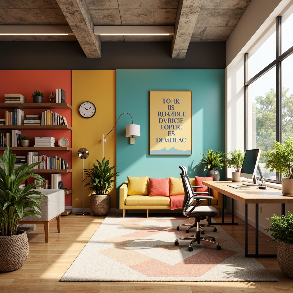 Prompt: Vibrant office interior, bold color accents, modern desk lamps, ergonomic chairs, sleek computer monitors, wooden flooring, minimalist shelving units, inspirational quotes, greenery plants, natural light pouring in, warm beige walls, pops of bright coral, calming turquoise, energizing yellow, soft cream textiles, geometric patterned rugs, 3/4 composition, realistic reflections, ambient occlusion.