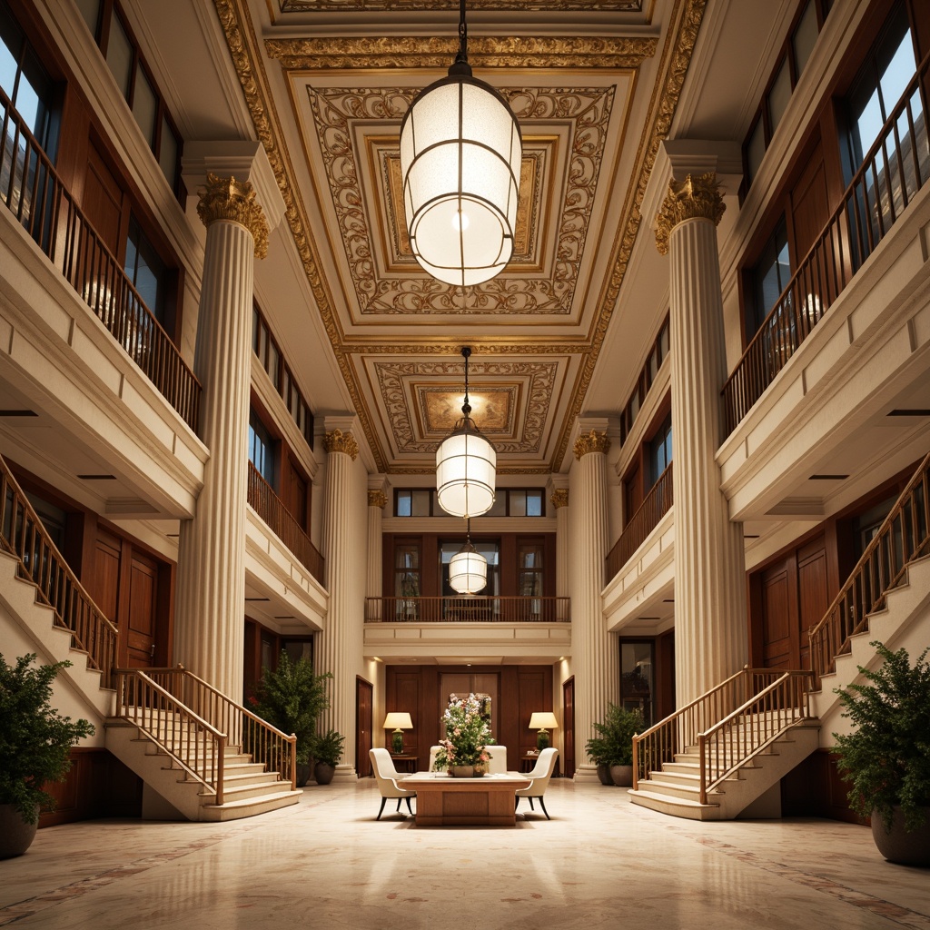 Prompt: Ornate office building, grandiose columns, classicism architecture, marble floors, high ceilings, ornamental moldings, luxurious chandeliers, stately staircases, elegant wood paneling, lavish conference rooms, sophisticated lighting fixtures, symmetrical fa\u00e7ade, rusticated base, ionic capitals, fluted column shafts, acanthus leaf motifs, richly textured fabrics, warm beige color palette, softbox lighting, 2/3 composition, atmospheric perspective, highly detailed textures.