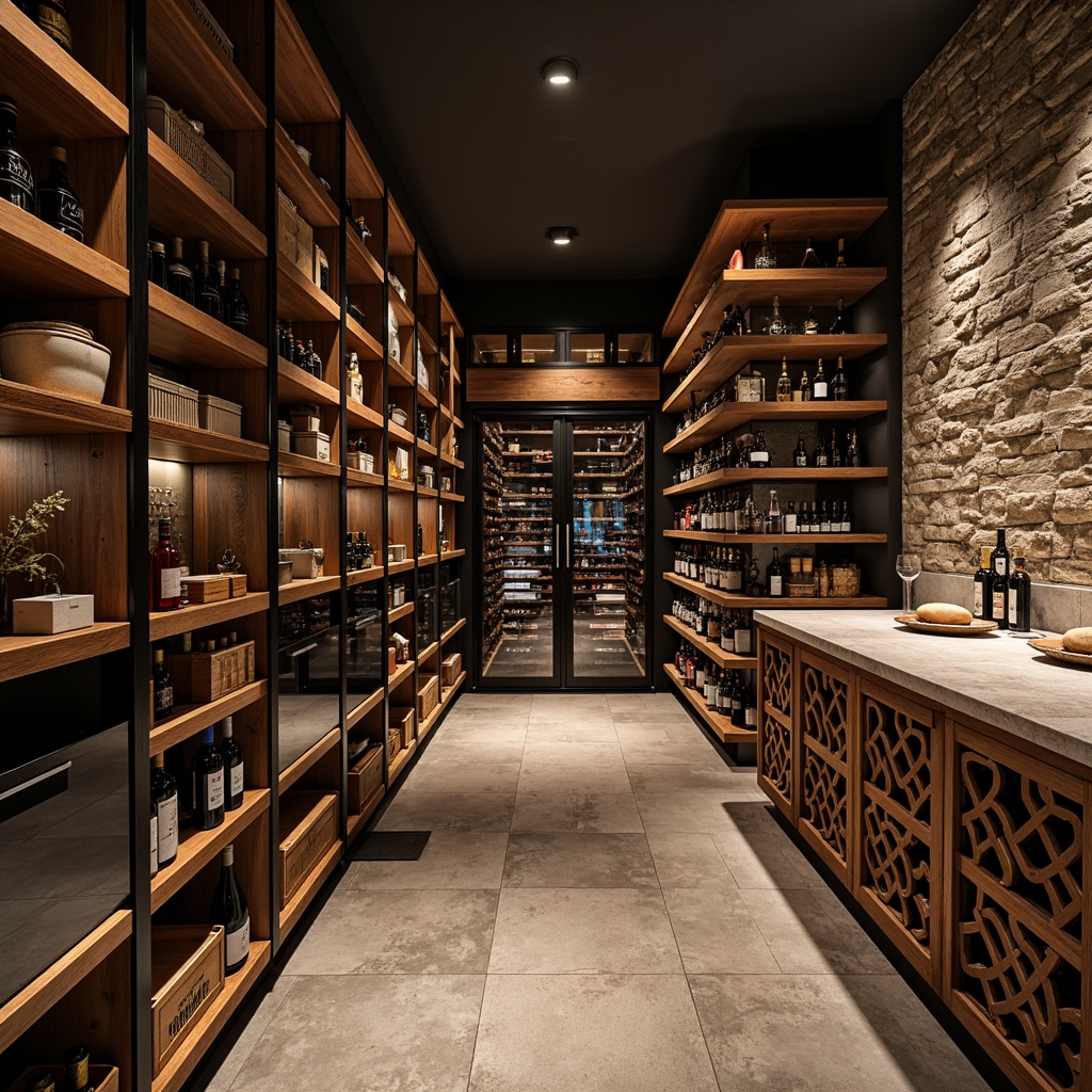 Prompt: Luxurious wine cellar, sleek metal shelving, rich wood tones, ambient warm lighting, glass-enclosed wine racks, temperature-controlled storage, modern minimalist design, floor-to-ceiling shelves, precision-crafted wooden crates, sophisticated wine dispensers, elegant label displays, rustic stone walls, dimmable LED lights, 3/4 composition, shallow depth of field, realistic textures.