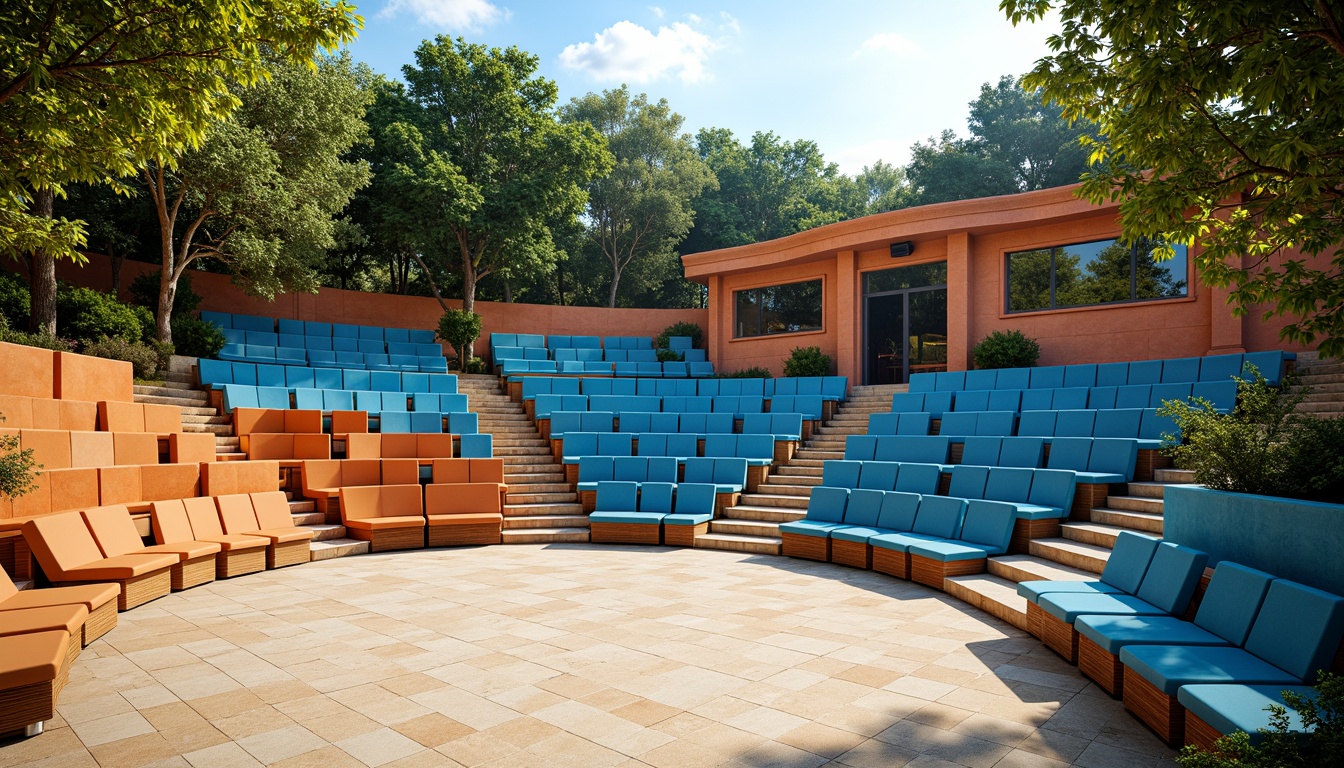 Prompt: Vibrant amphitheater design, gradient blue seating, warm beige stone steps, lush greenery surroundings, natural wood accents, earthy terracotta tones, sunny day, soft warm lighting, shallow depth of field, 3/4 composition, panoramic view, realistic textures, ambient occlusion, curved architectural lines, dramatic staircases, open-air atmosphere, comfortable audience seating, modern amenities integration.