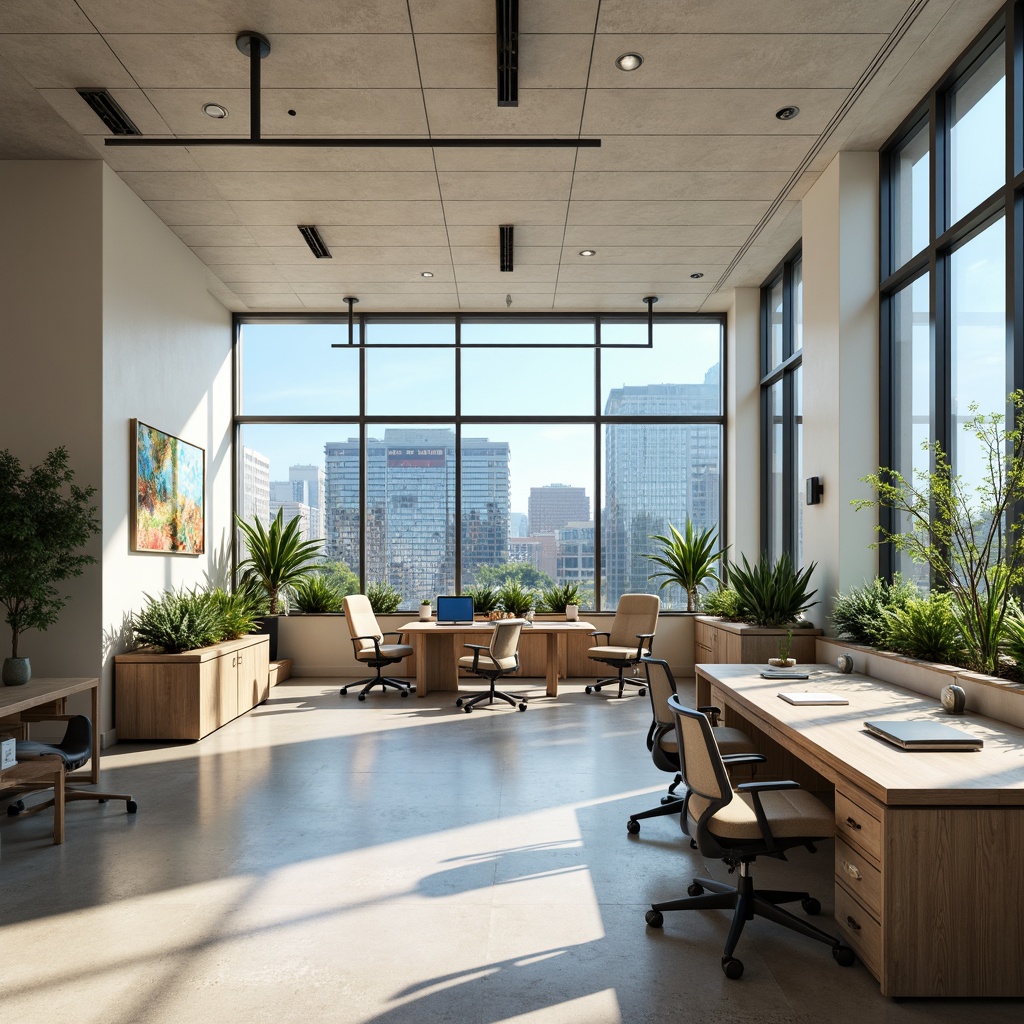 Prompt: Modern office interior, sleek glass tables, ergonomic chairs, natural wood accents, calming blue hues, creamy white walls, warm beige flooring, minimal decor, ample natural light, floor-to-ceiling windows, urban cityscape views, vibrant greenery, industrial-chic metal fixtures, subtle texture contrasts, soft ambient lighting, 1/1 composition, realistic reflections, subtle gradient effects.