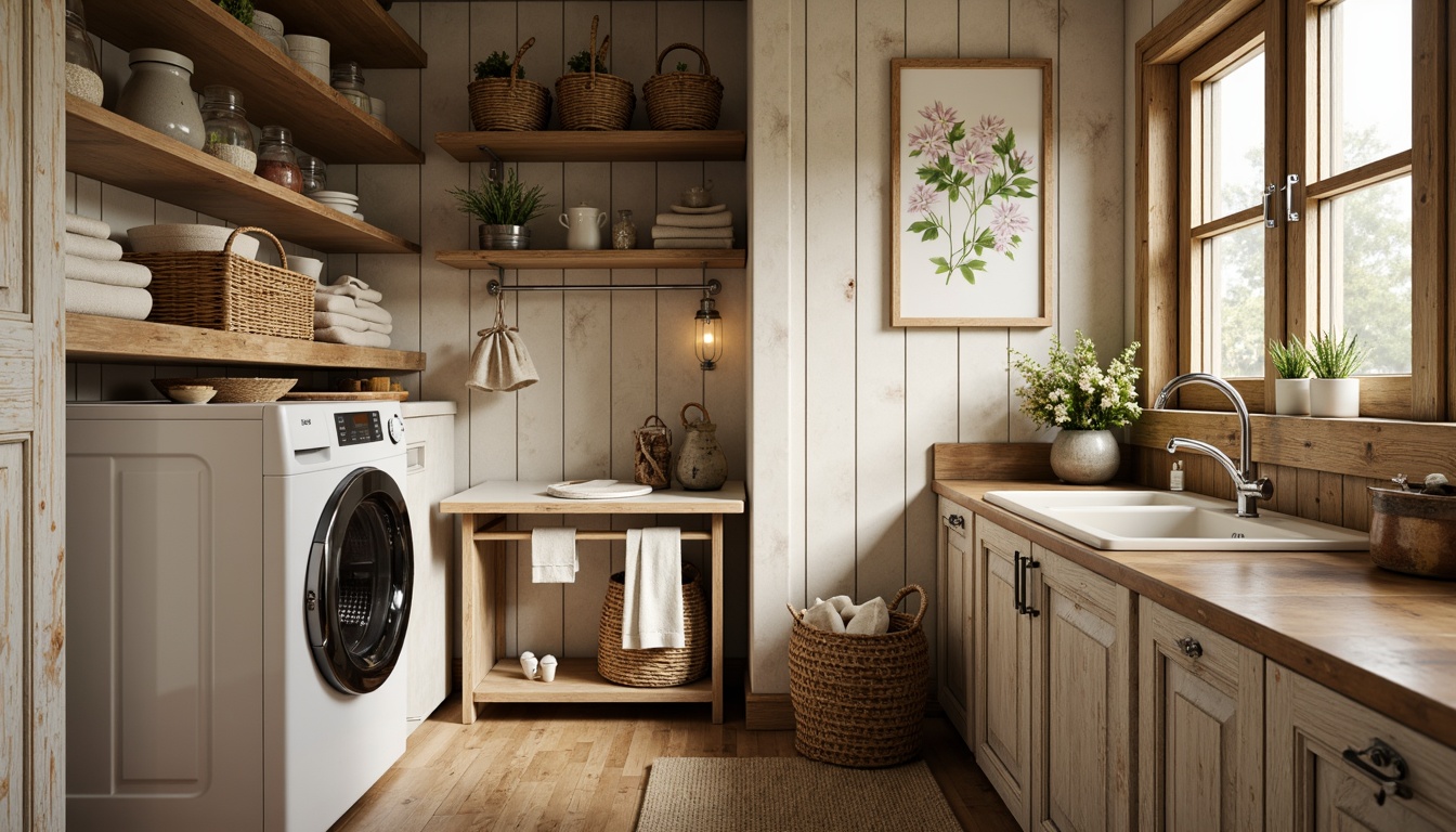 Prompt: Cozy laundry room, rustic wooden cabinetry, vintage-style washing machines, distressed finishes, soft warm lighting, natural stone countertops, woven baskets, floral patterns, creamy white walls, traditional architecture, ornate metal hardware, decorative trimwork, rich wood tones, earthy color palette, farmhouse-inspired decor, practical storage solutions, functional shelving units, 1/1 composition, realistic textures, ambient occlusion.