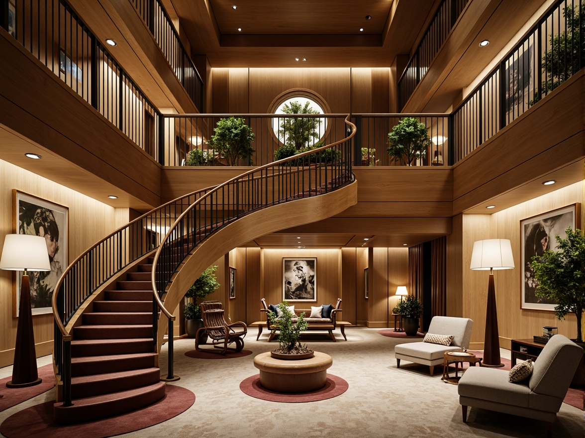 Prompt: Sleek staircase, flowing curves, organic shapes, wooden banisters, polished metal railings, soft warm lighting, inviting atmosphere, comfortable seating areas, lush greenery, natural stone walls, elegant floor lamps, spacious landings, dramatic ceiling heights, sweeping archways, ornate ironwork details, rich wood tones, velvety carpeting, luxurious upholstery fabrics, sophisticated color schemes, 1/2 composition, shallow depth of field, warm golden lighting.