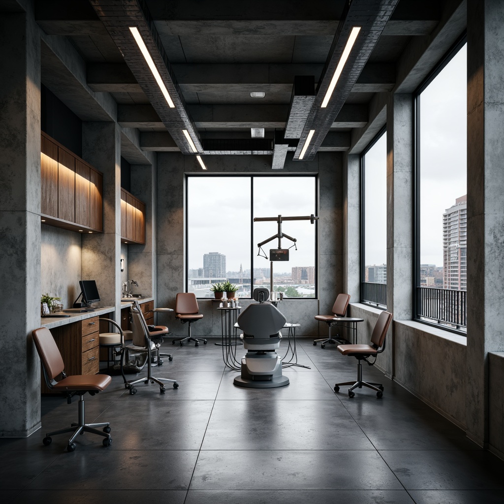 Prompt: Industrial-style dental clinic, brutalist architecture, concrete walls, metal beams, minimalist decor, functional furniture, stainless steel equipment, ergonomic chairs, adjustable examination lights, industrial-grade flooring, urban landscape views, overcast sky, dramatic shadows, high-contrast lighting, symmetrical composition, 1/2 format, realistic textures, ambient occlusion.