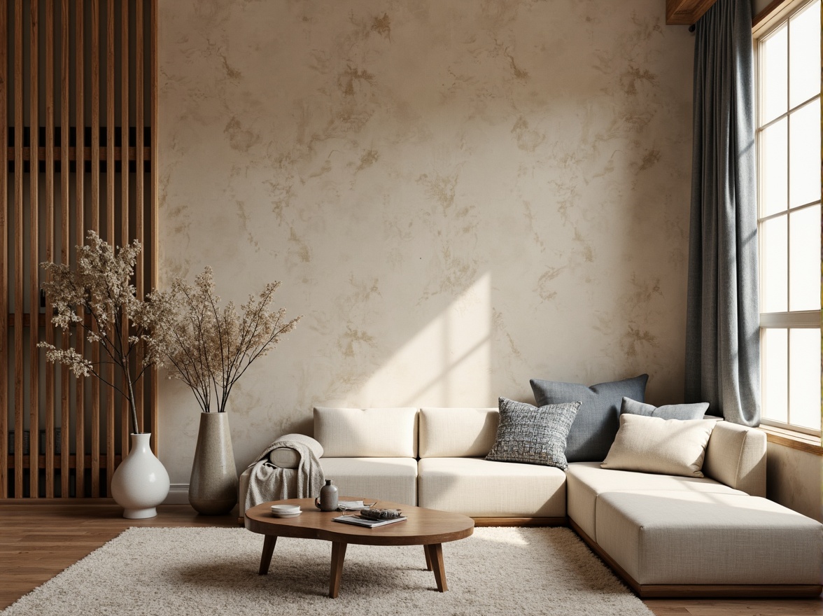 Prompt: Richly textured walls, warm beige tones, creamy whites, soft grays, calming blues, earthy terracotta, natural wood accents, luxurious fabrics, velvety smooth surfaces, subtle sheen, ambient lighting, layered shading, 1/2 composition, intimate atmosphere, cozy reading nook, plush area rug, minimalist decor, elegant simplicity, sophisticated ambiance.