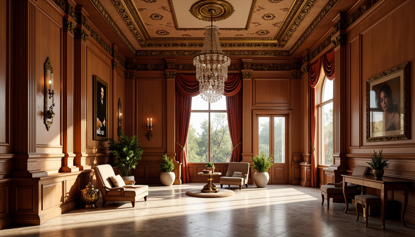 Prompt: Elegant classic interior, ornate moldings, rich wood paneling, luxurious fabrics, velvet drapes, crystal chandeliers, marble flooring, intricate carvings, symmetrical layout, harmonious proportions, balanced composition, warm golden lighting, soft focus, shallow depth of field, 2/3 composition, realistic textures, ambient occlusion.