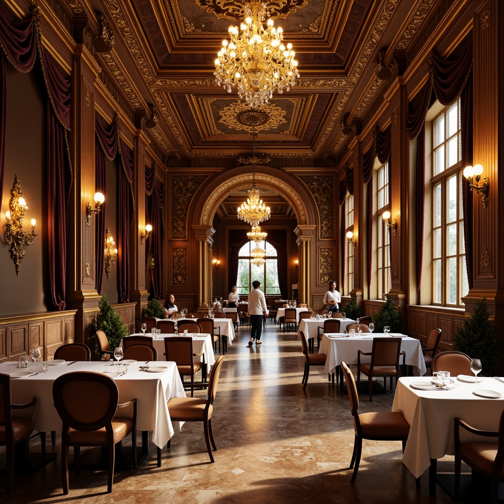 Prompt: Luxurious restaurant interior, rich ornate moldings, gilded details, lavish chandeliers, grandiose archways, velvet drapes, intricate marble floors, ornamental plasterwork, carved wooden accents, majestic columns, opulent furnishings, warm golden lighting, dramatic shadows, 1/1 composition, symmetrical layout, realistic reflections, ambient occlusion.