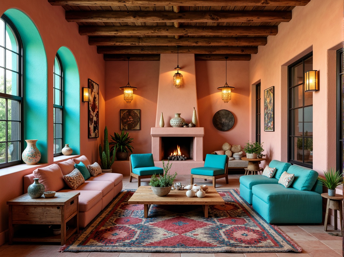 Prompt: Vibrant turquoise accents, earthy terracotta tones, rustic wooden beams, natural stone walls, woven textiles, patterned rugs, geometric tile work, adobe-inspired architecture, arched windows, ornate metal fixtures, colorful ceramic vases, cactus plants, warm desert lighting, cozy fireplaces, plush furnishings, tribal-inspired patterns, bold color blocking, eclectic decorative accents, Southwestern cultural motifs.