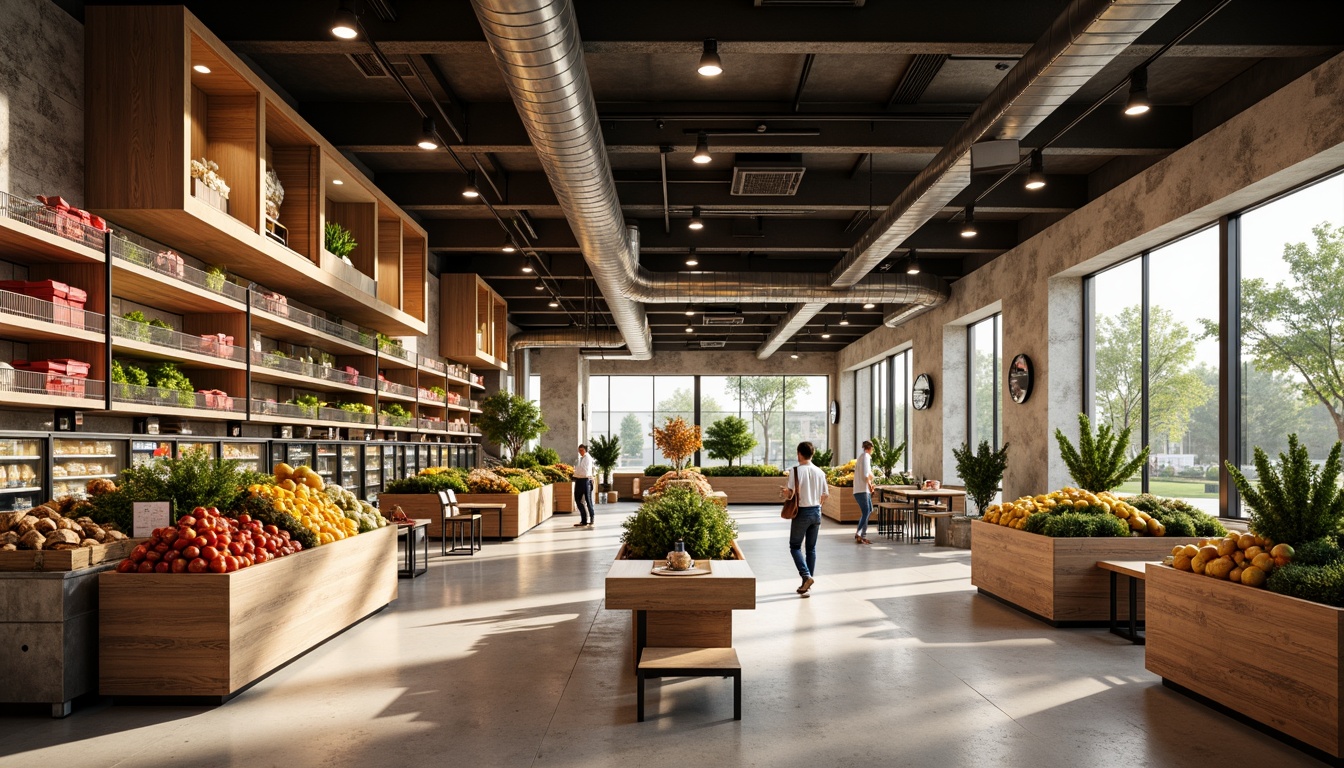 Prompt: Vibrant grocery store interior, polished concrete floors, textured wood accents, exposed ductwork, industrial-chic lighting fixtures, modern minimalist shelving units, sleek metal refrigeration systems, colorful product displays, natural stone walls, earthy tone color scheme, soft warm ambient lighting, shallow depth of field, 1/2 composition, realistic material textures, subtle reflective surfaces.