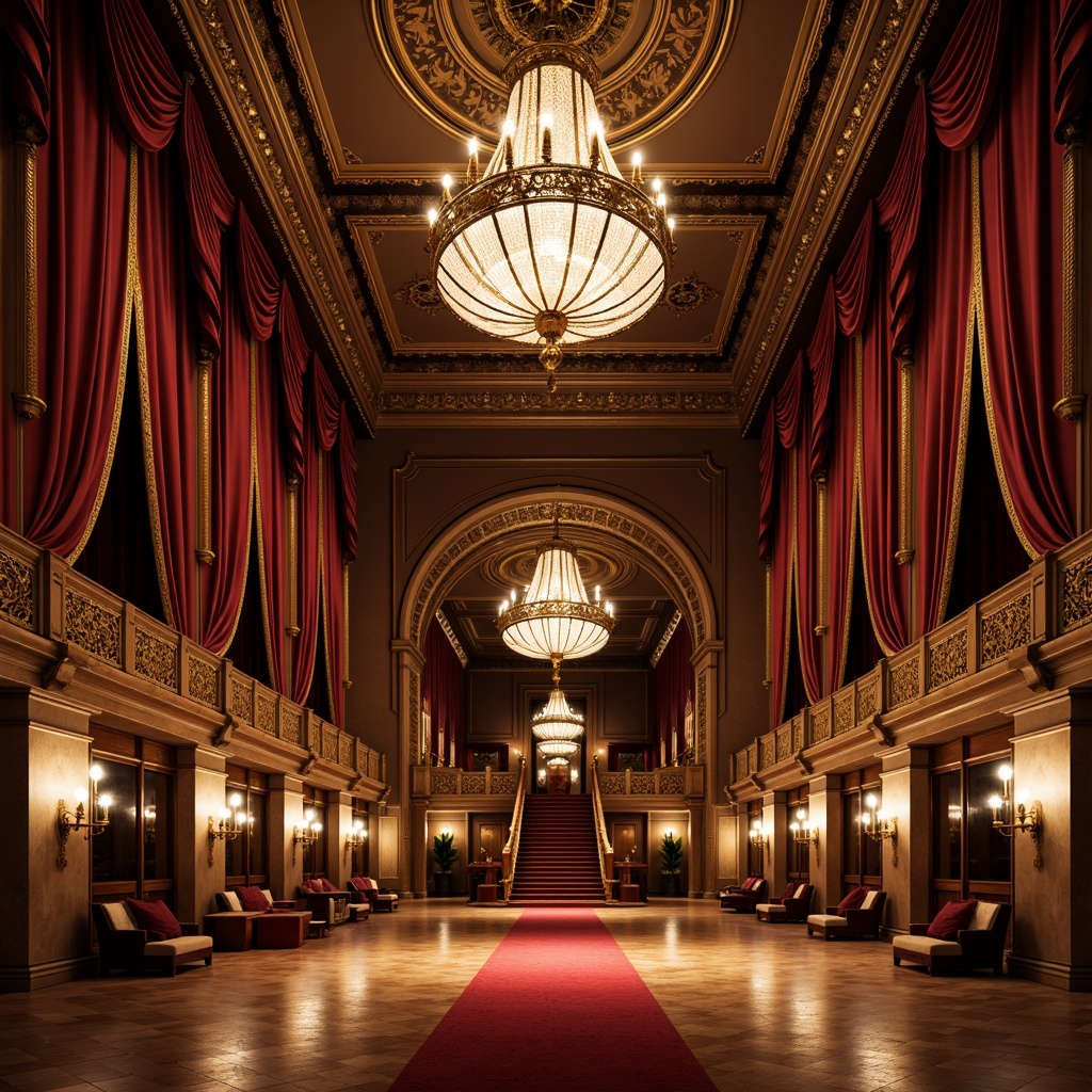 Prompt: Ornate performance hall, grand chandeliers, rich velvet curtains, wooden stage floors, intricate moldings, decorative archways, ornamental columns, luxurious fabric drapes, golden accents, soft warm lighting, dramatic spotlights, shallow depth of field, 2/3 composition, panoramic view, realistic textures, ambient occlusion, classic European-inspired architecture, red carpet entrance, grand staircase, lavish foyer, opulent interior design.