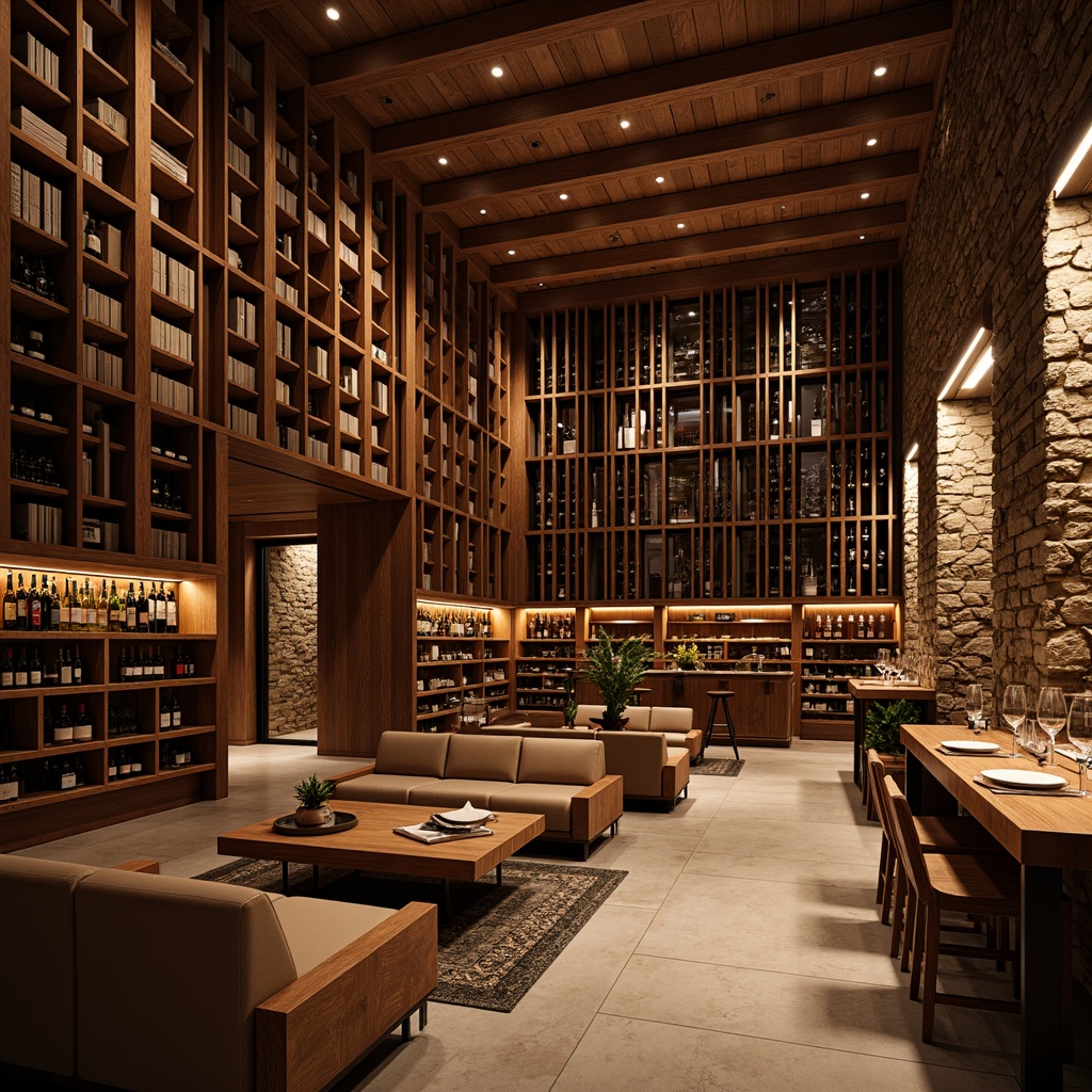 Prompt: Luxurious wine cellar, rich wood tones, dimmable LED lighting, warm ambient glow, soft spotlighting, rustic stone walls, elegant metal racks, refined glass storage, intimate atmosphere, cozy seating areas, dramatic floor-to-ceiling shelving, sophisticated color scheme, earthy tones, subtle backlighting, 3/4 composition, shallow depth of field, realistic textures, ambient occlusion.