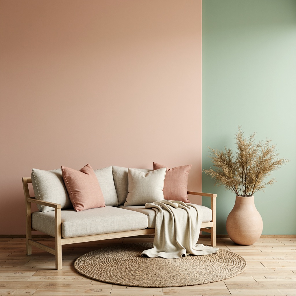 Prompt: Pastel hues, soft peach tones, calming mint greens, creamy whites, warm beige accents, rich wood textures, natural linen fabrics, earthy terracotta pottery, delicate florals, subtle gradient effects, gentle ombre transitions, soothing ambient lighting, shallow depth of field, 1/2 composition, serene atmosphere, cozy intimate spaces.