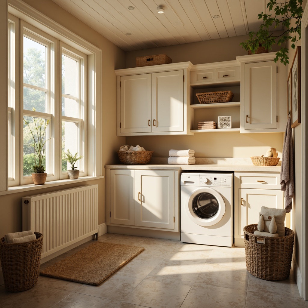 Prompt: Cozy laundry room, warm beige walls, soft cream cabinets, vintage washing machines, distressed wood accents, woven wicker baskets, crisp white linens, gentle pastel hues, warm golden lighting, shallow depth of field, 1/1 composition, realistic textures, ambient occlusion.