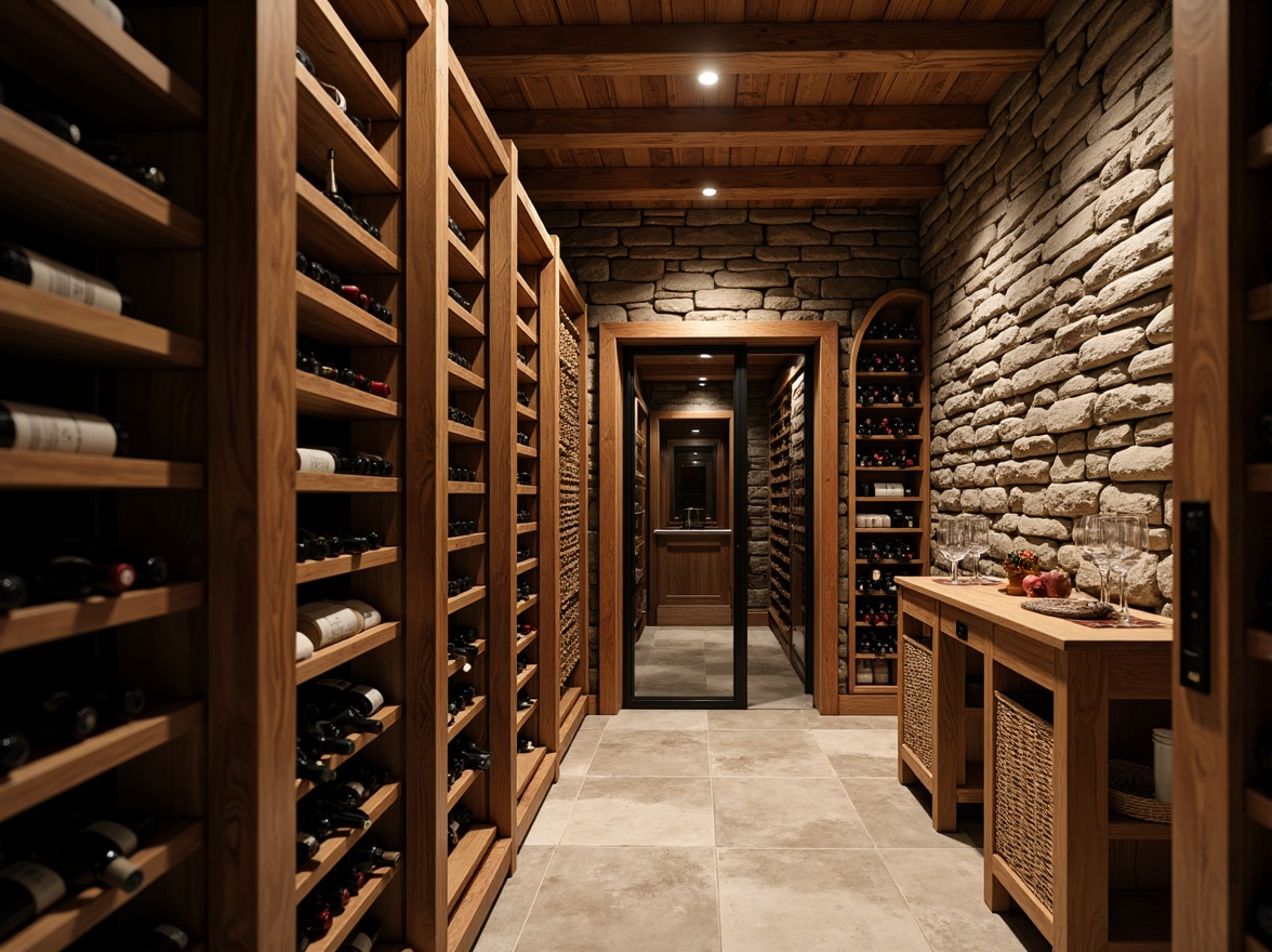 Prompt: Temperature-controlled wine cellar, rustic stone walls, wooden wine racks, dimmed soft lighting, rich aromas, climate-controlled environment, ideal humidity levels, precise temperature ranges, sophisticated cooling systems, insulated doors, premium wood finishes, elegant metal accents, refined glassware displays, ambient warm tones, subtle earthy scents, 3/4 composition, shallow depth of field, realistic textures.