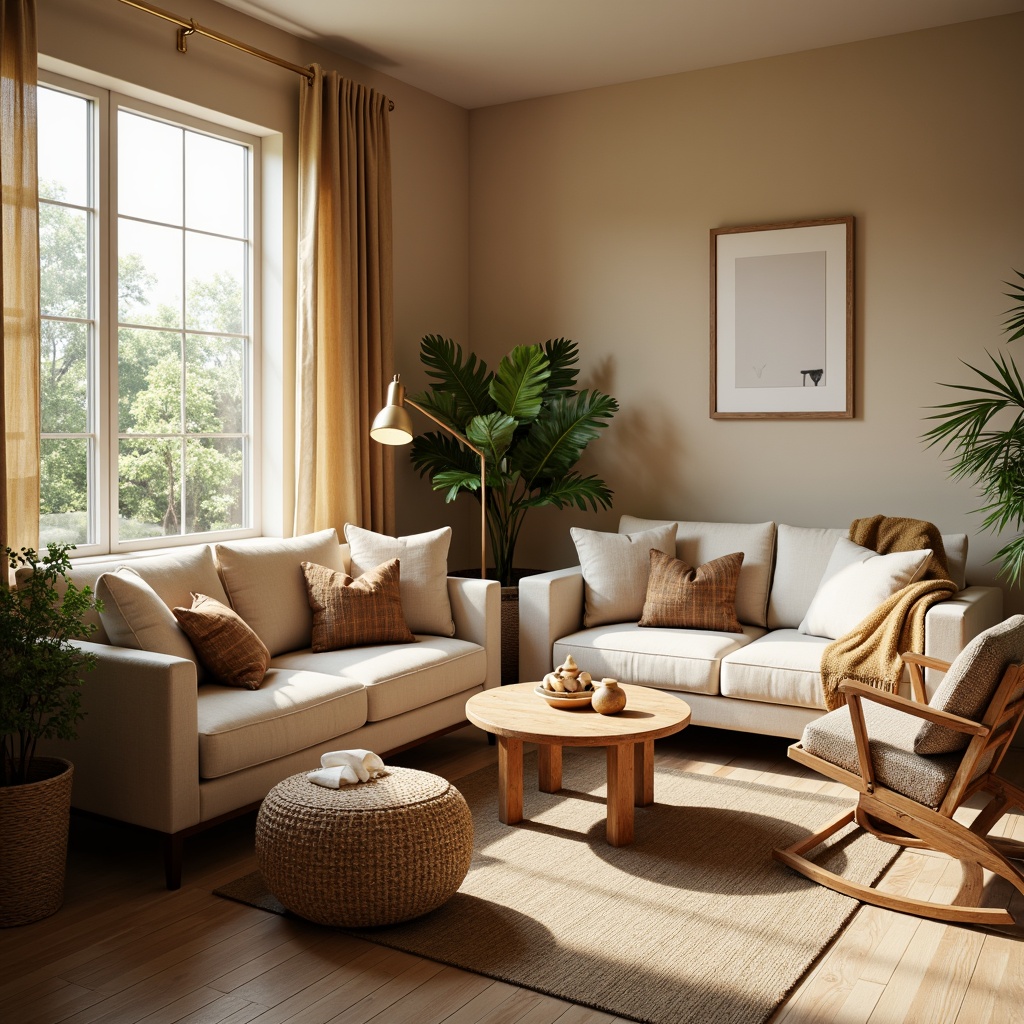 Prompt: Cozy living room, plush sofas, ergonomic chairs, soft cushions, wooden coffee tables, woven baskets, floor lamps, warm beige walls, large windows, natural sunlight, green plants, minimal decor, calming atmosphere, 1/1 composition, shallow depth of field, warm tone lighting, realistic textures.