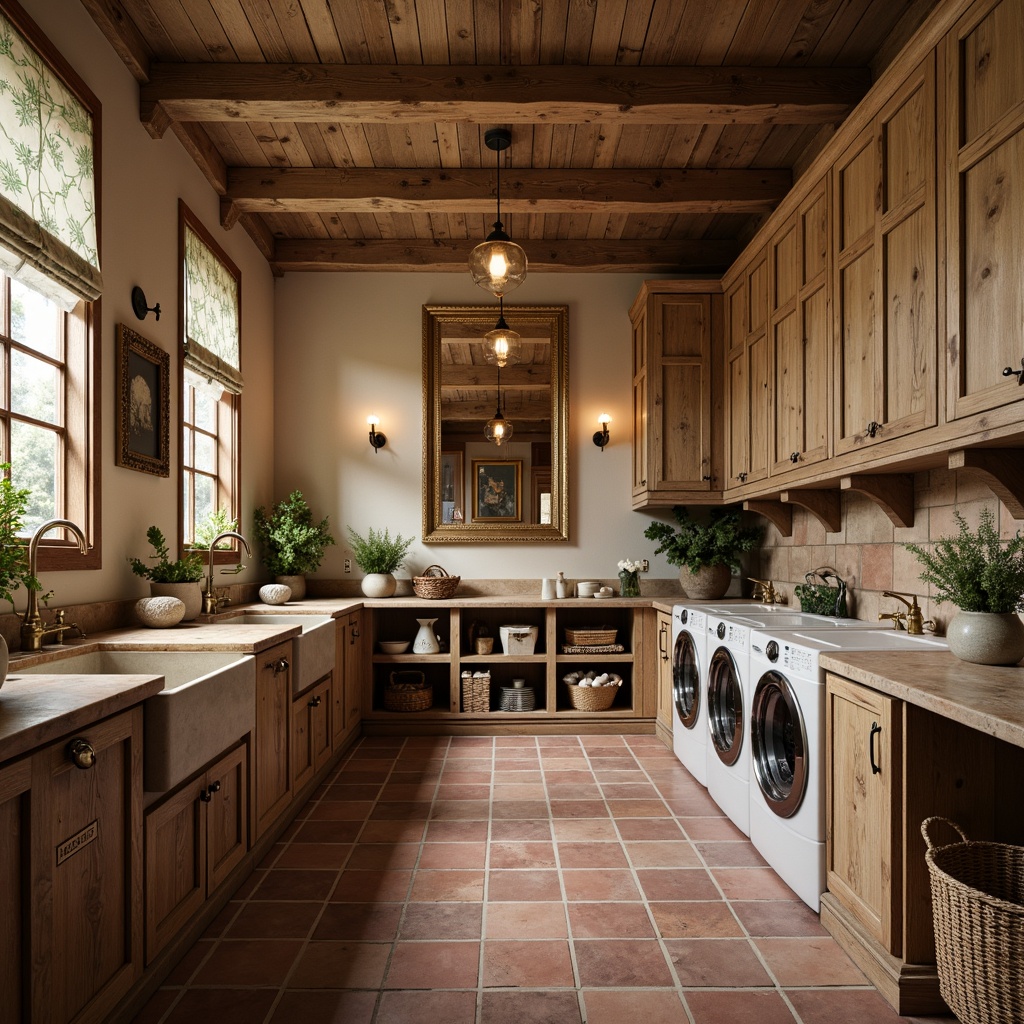 Prompt: Rustic laundry room, distressed wood cabinets, vintage-inspired sink basins, ornate metal faucets, porcelain handles, soft warm lighting, natural stone countertops, brick-red tile backsplashes, woven wicker baskets, floral patterned curtains, traditional English country-style decor, earthy color palette, warm beige walls, wooden drying racks, antique washing machines, ornate picture frames, soft focus, shallow depth of field, 1/1 composition.