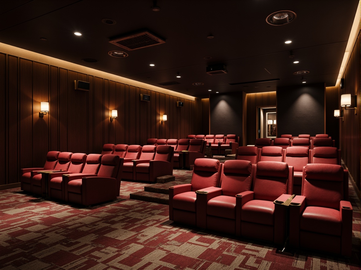 Prompt: Luxurious theater interior, contemporary design style, curved row seating, reclining chairs, velvet upholstery, metallic accents, dimmable floor lamps, dark wood paneling, soundproofed walls, acoustic ceilings, state-of-the-art audio equipment, projection screens, cinematic ambiance, moody warm lighting, shallow depth of field, 1/2 composition, realistic textures, ambient occlusion.